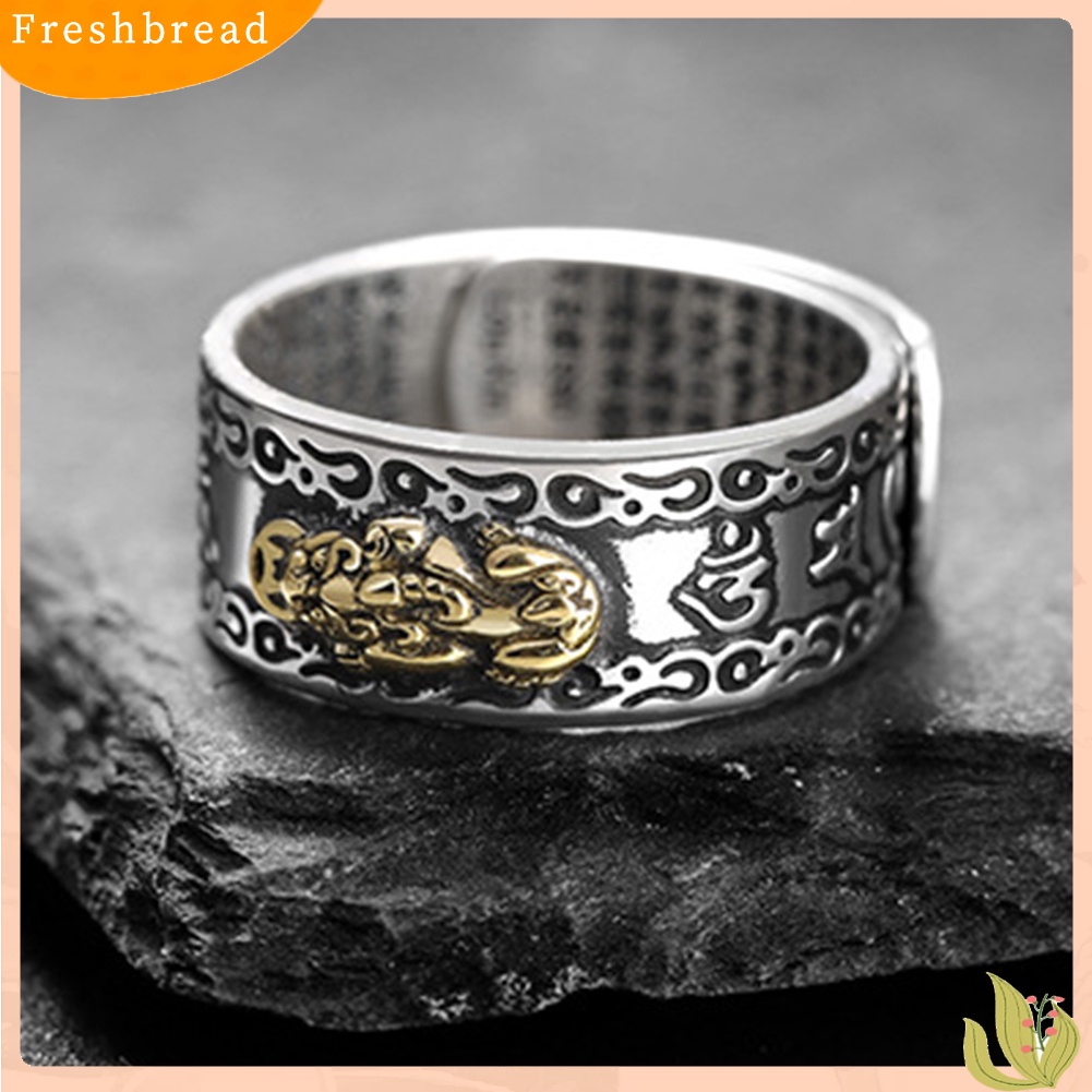 &lt; Freshbread &gt; Beruntung Pria Perak Berlapis Piqiu Sutra Hati Terukir Pembukaan Jari Cincin Perhiasan
