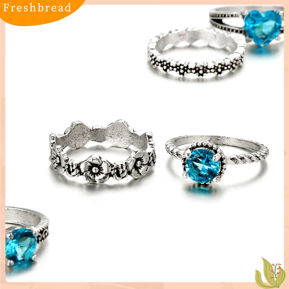 &lt; Freshbread &gt; 5Pcs/Set Retro Boho Berongga Bunga Hati Biru Berlian Imitasi Wanita Jari Rings