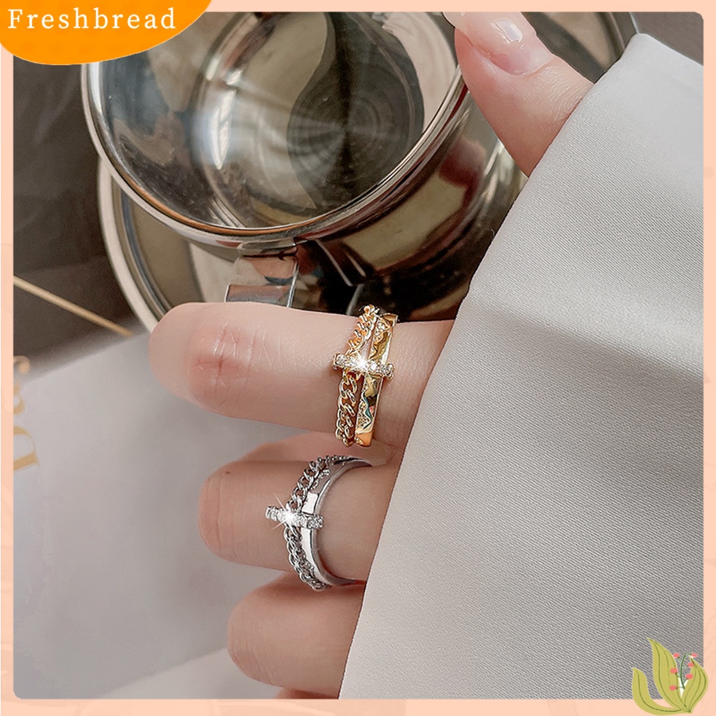 &lt; Freshbread &gt; Wanita Cincin Hip Hop Lapisan Ganda Hias Eye-catching Semua Pertandingan Hadiah Perhiasan Geometris Berlian Imitasi Bertatahkan Wanita Ladies Finger Ring Untuk Pacaran