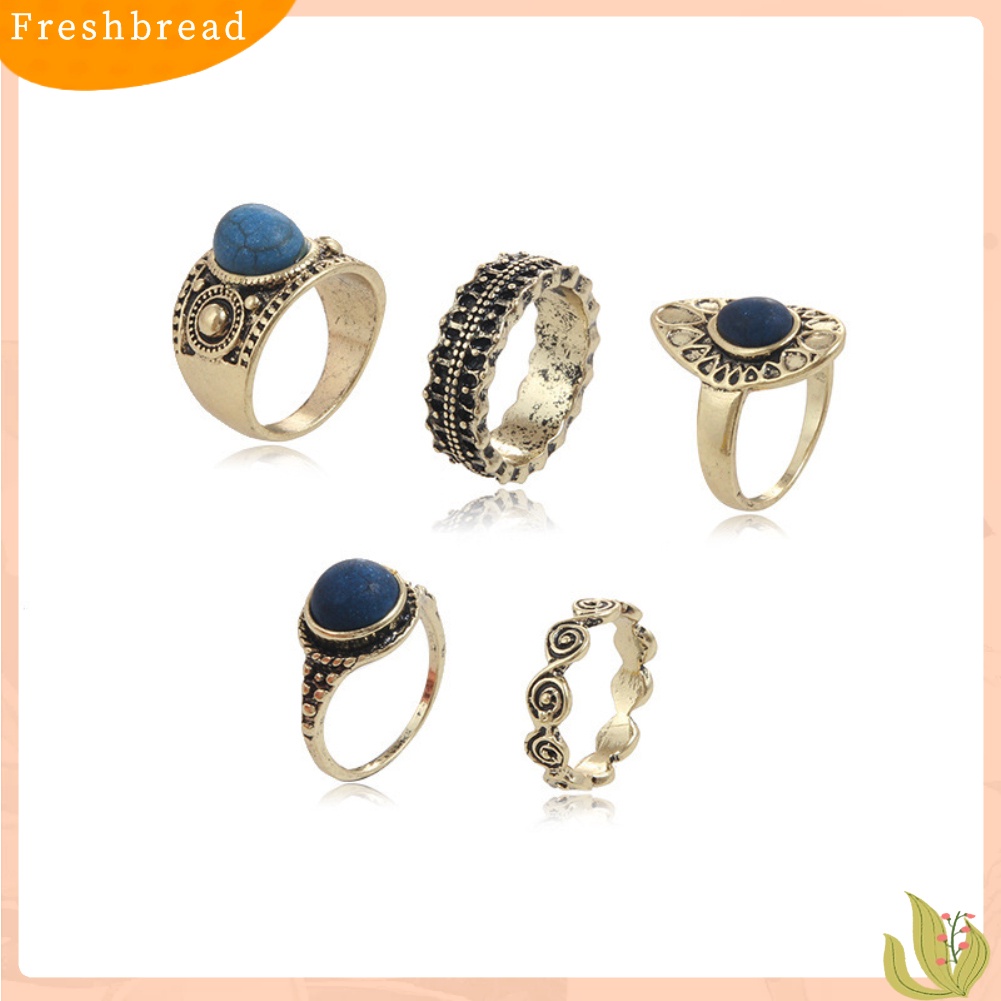 &lt; Freshbread &gt; 5Pcs/Set Bohemian Vintage Batu Biru Alloy Jari Cincin Wanita Menawan Perhiasan