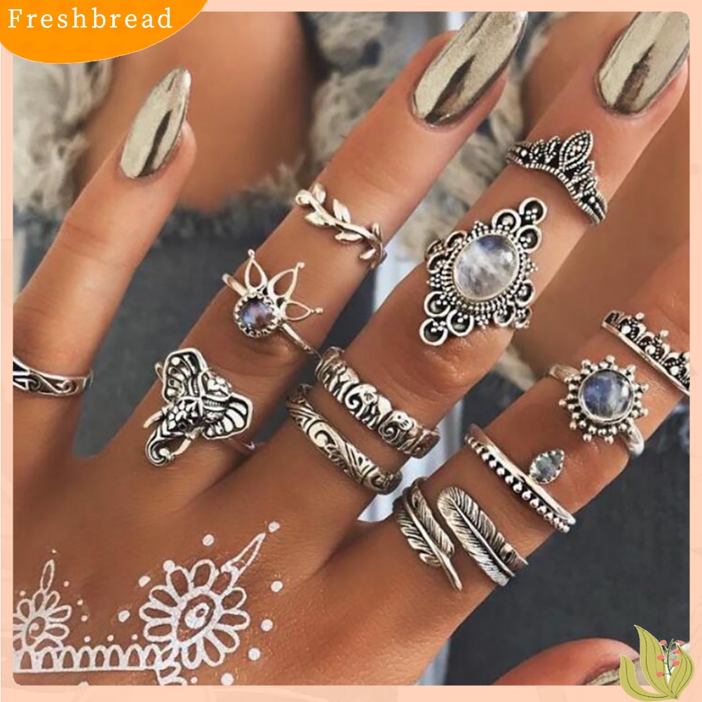 &lt; Freshbread &gt; 12 Pcs Wanita Vintage Boho Faux Gemstone Rhinestone Jewelry Buku Jari Susun Rings