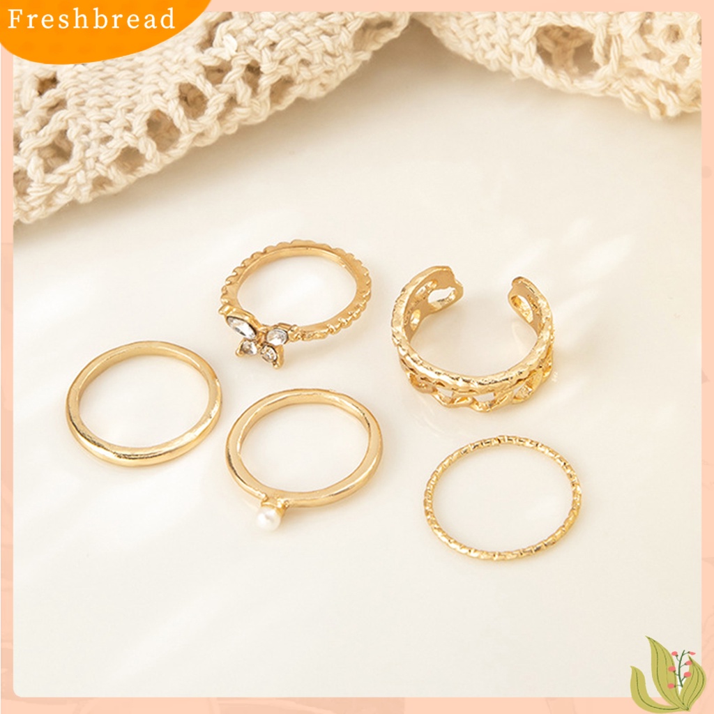 &lt; Freshbread &gt; 5pcs/Set Cincin Buku Jari Set Bentuk Kupu-Kupu Mutiara Imitasi Berongga Keluar Gaya Vintage Jari Cincin Set Perhiasan Wanita