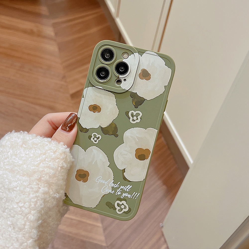 IPHONE [Mata Kucing] Soft Case TPU Anti Slip Untuk Iphone7Plus8 Plus X XS XR XS Max11 13 12 14 PRO Max14 Plus Ins Fashion Wanita Bunga Edelweiss Hijau