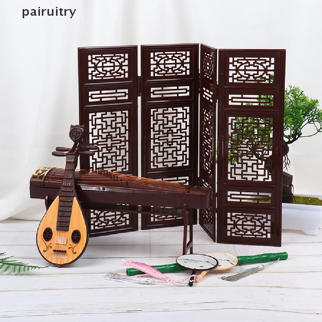 Prt Rumah Boneka Miniatur Layar Lipat Suling Lute Guzheng Kipas Ornamen Pemandangan Kehidupan PRT