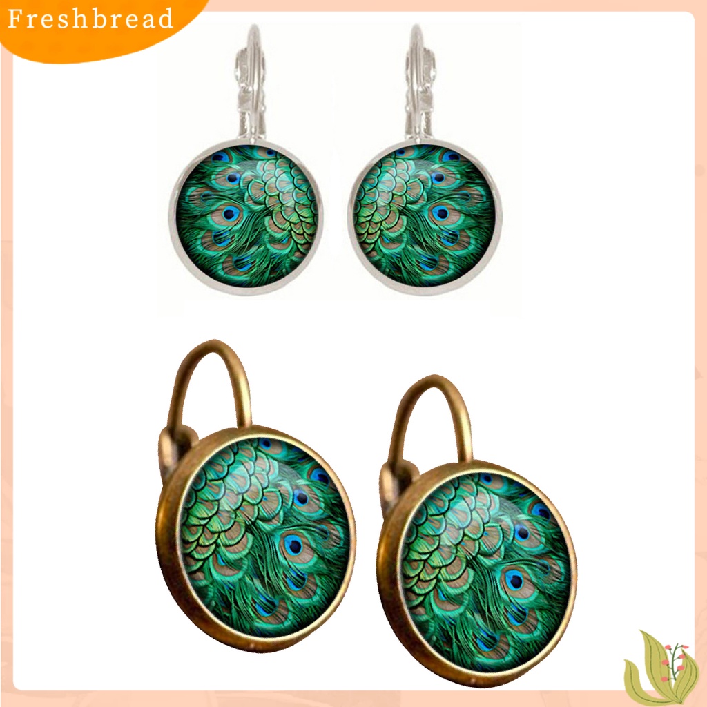 &lt; Freshbread &gt; 1pasang Anting Kaca Cabochon Menjuntai Motif Merak 2warna Anting Leaverback Vintage Untuk Hadiah