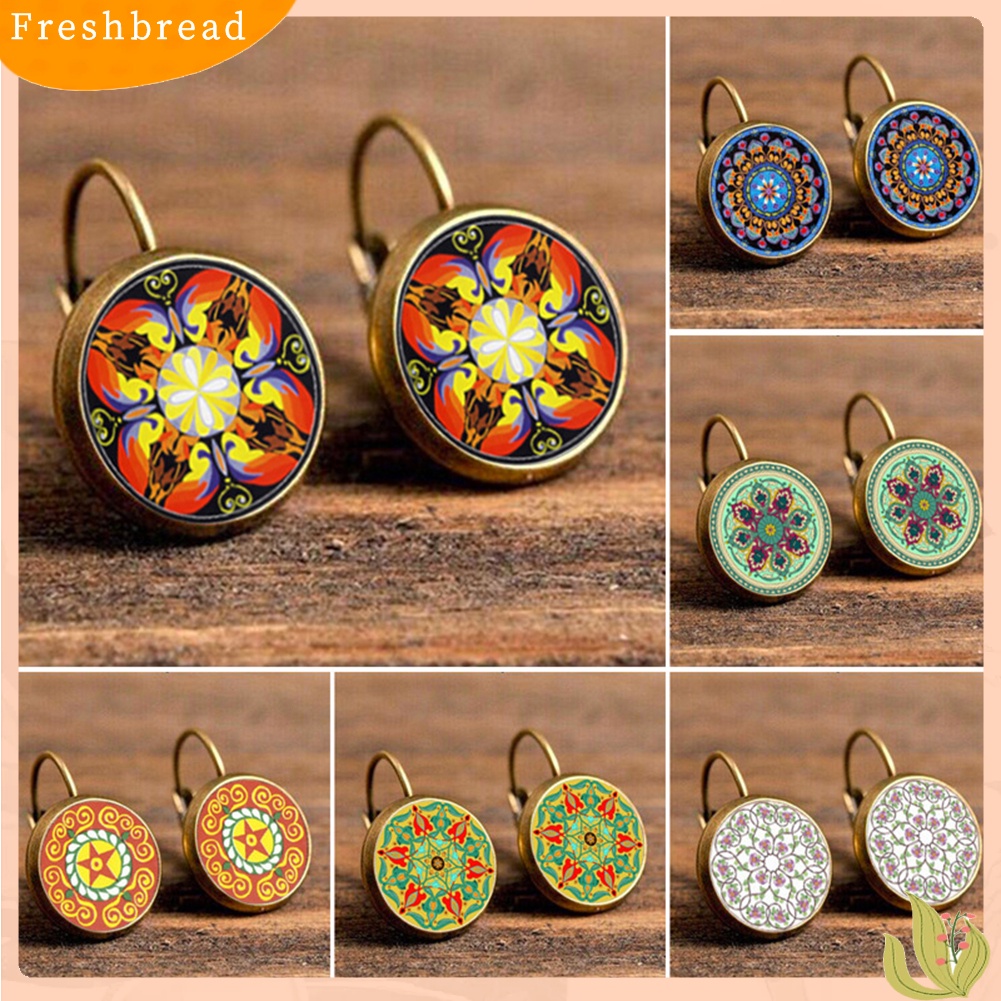 &lt; Freshbread &gt; Multicolor Mandala Bunga Lingkaran Faux Permata Ear Studs Wanita Leaverback Earrings