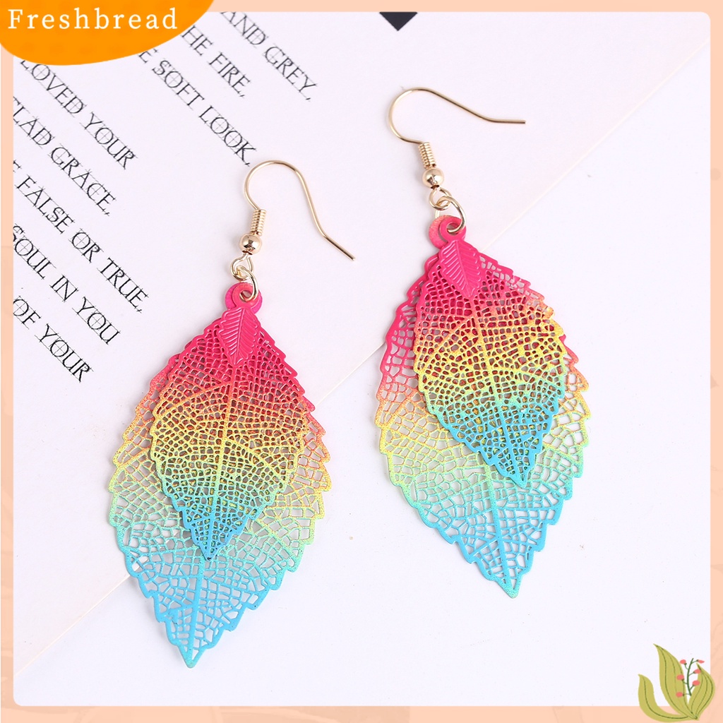 &lt; Freshbread &gt; 1pasang Menjuntai Anting Vintage Boho Panjang Fringe Berongga Keluar Warna-Warni Hias Hadiah Ulang Tahun Wanita Lapisan Ganda Daun Liontin Kait Anting Perhiasan Aksesoris