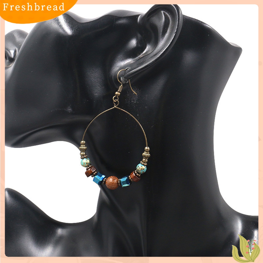 &lt; Freshbread &gt; Bohemian Lingkaran Besar Manik-Manik Kayu Kait Anting Wanita Etnik Faux Turquoise Jewelry