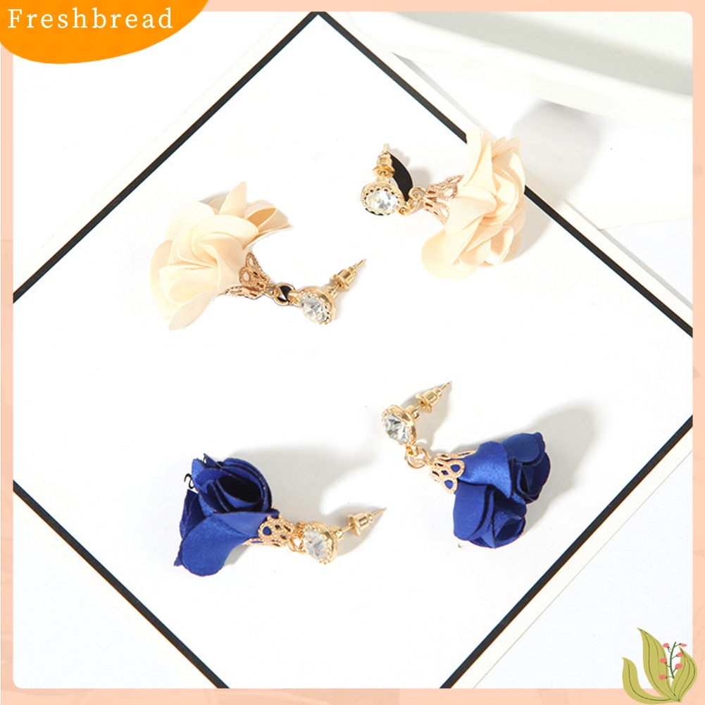 &lt; Freshbread &gt; Vintage Kain Bunga Berlian Imitasi Liontin Anting Wanita Ear Studs Dekorasi Pesta