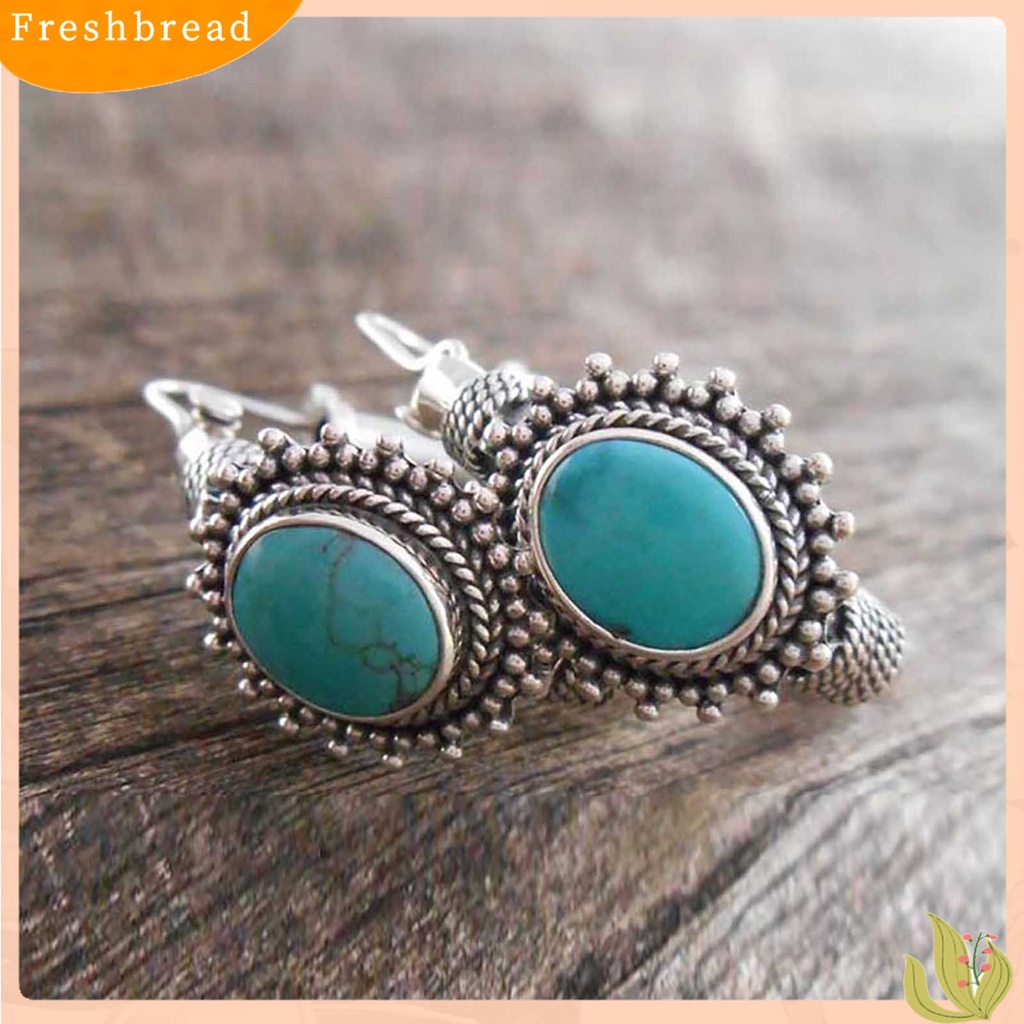 {In Stock} 1pasang Anting Hoop Tindik Oval Ukir Unik Biru Turquoise Bohemia Retro Earrings Aksesoris Perhiasan