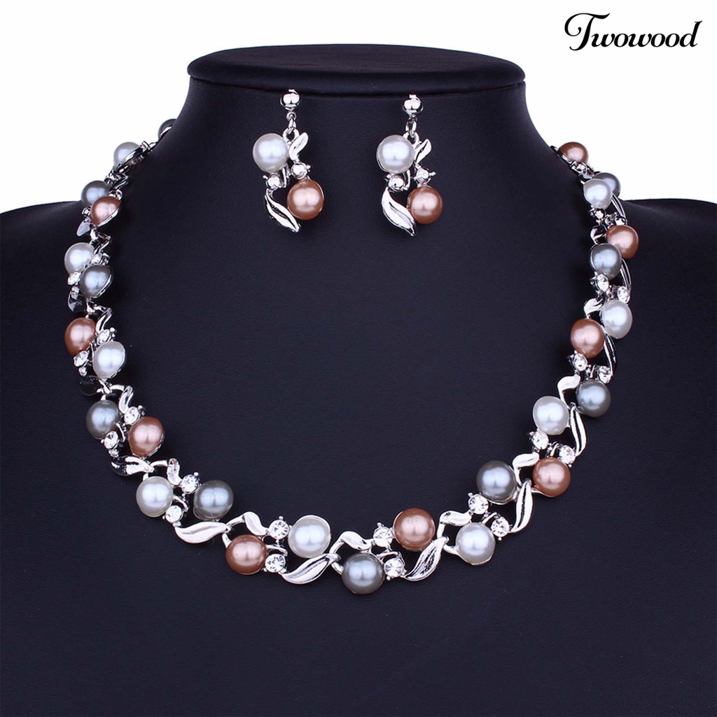 Twowood 2Pcs/Set Adjustable Extension Rantai Kalung Anting Set Telinga Studs Mutiara Imitasi Bridal Earrings Necklace Set Perhiasan Aksesori