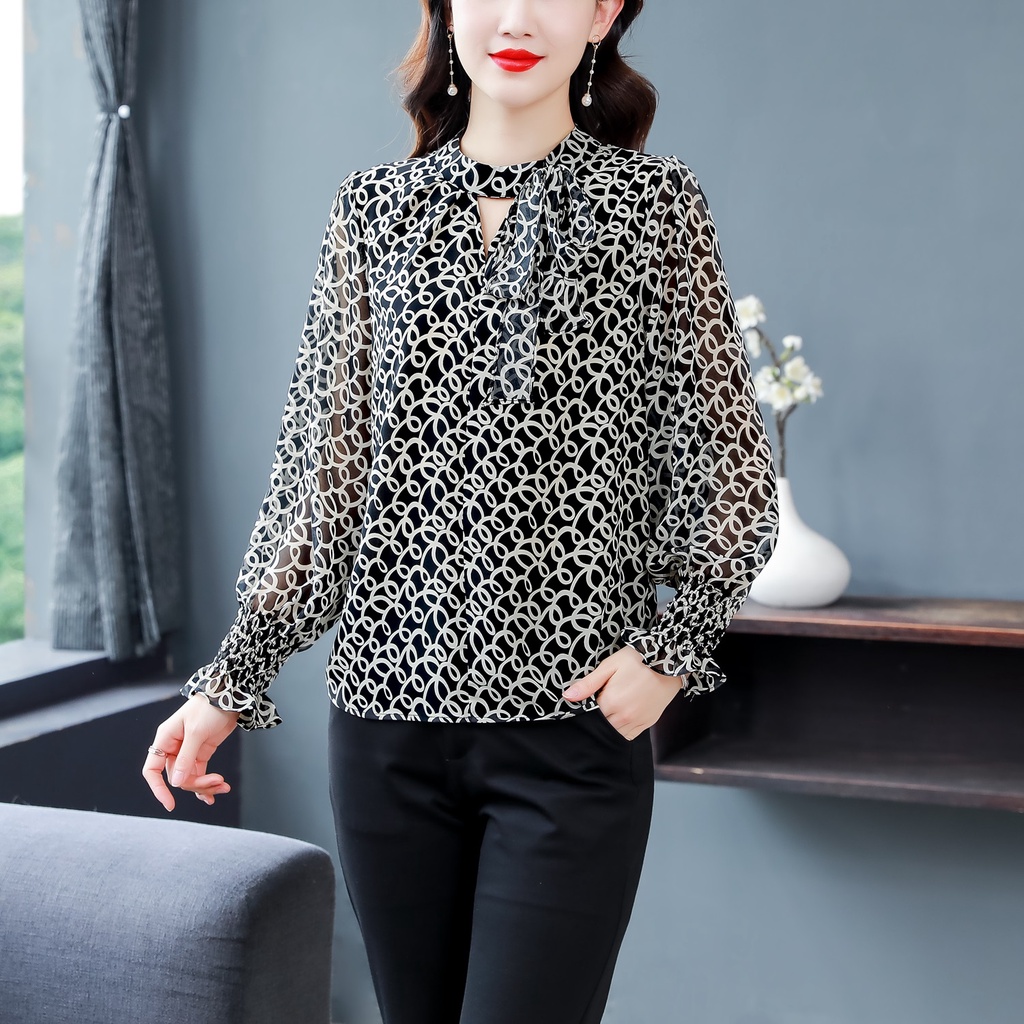 COD New Fashion Korean Geometric Patterns High Quality Chiffon Fabric Black Long Sleeve Blouse Blus Lengan Panjang Hitam Sifon Korea