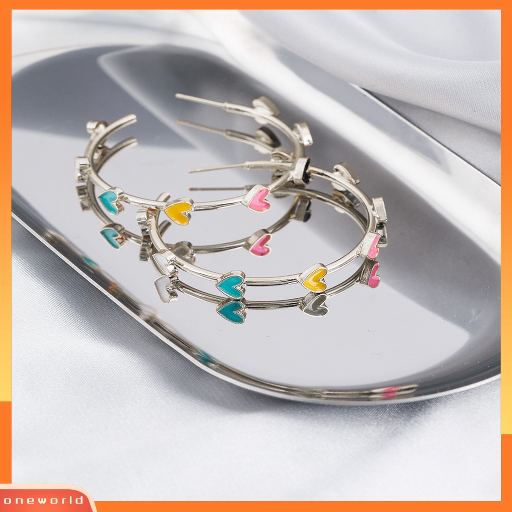 [OWR] 1pasang Anting Hoop Berbentuk C Geometris Hypoallergenic Warna-Warni Berbentuk Hati Stud Earrings Fashion Perhiasan