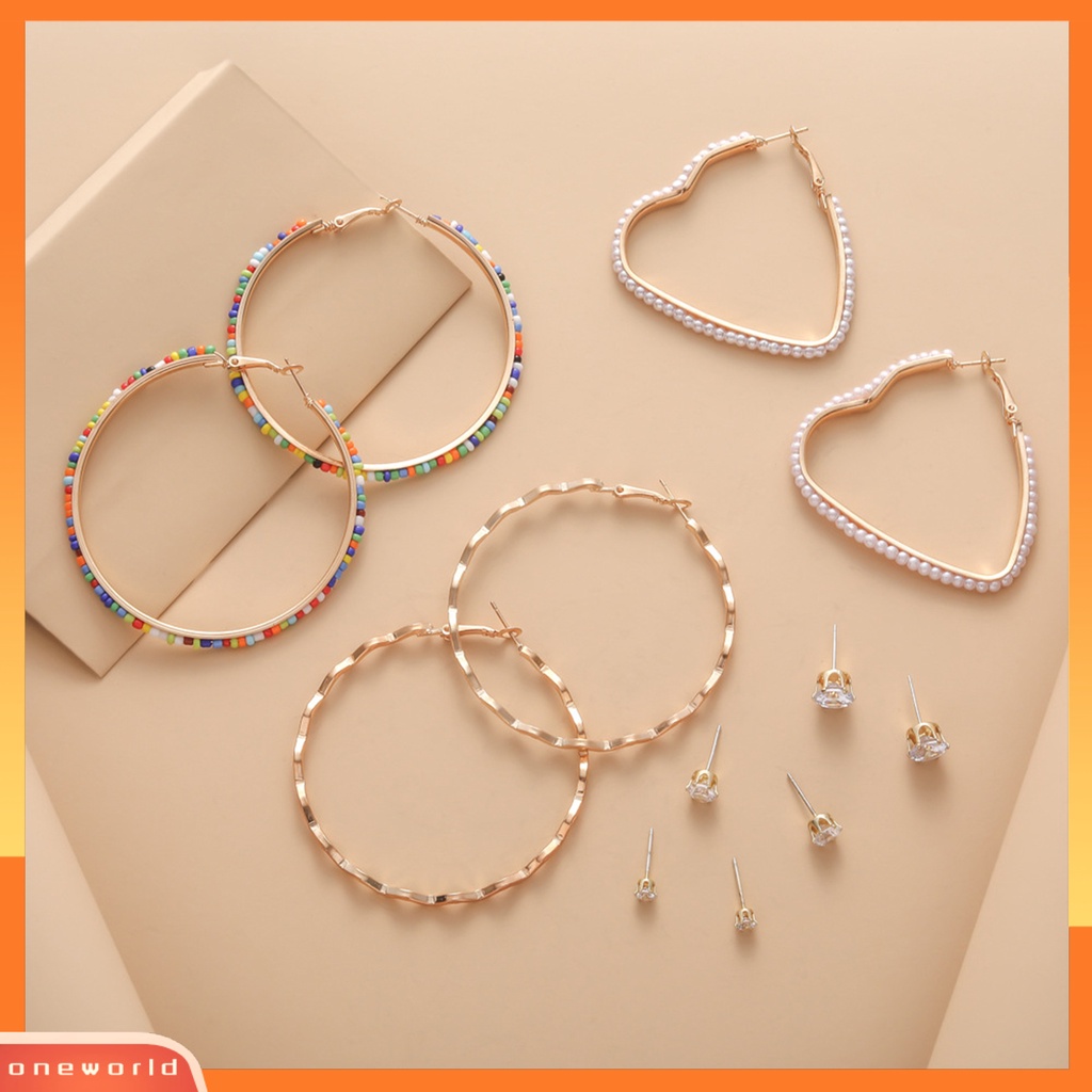 [OWR] 6pasang Hoop Earrings Set Mini Beads Rhinestones Inlay Geometris Alloy Perhiasan Elegan Dress-Up Aksesoris Lingkaran Anting Telinga Studs Pesta Malam Memakai Perhiasan Hadiah