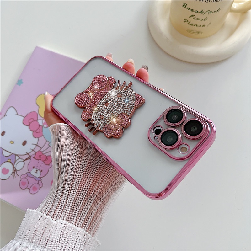 Casing Ponsel hello kitty Kristal Mengkilap Mewah Kompatibel Untuk iphone11 12 13 14PROMAX X XS XR XSMAX 14Pro Dengan film Pelindung Lensa shockproof back cover casing