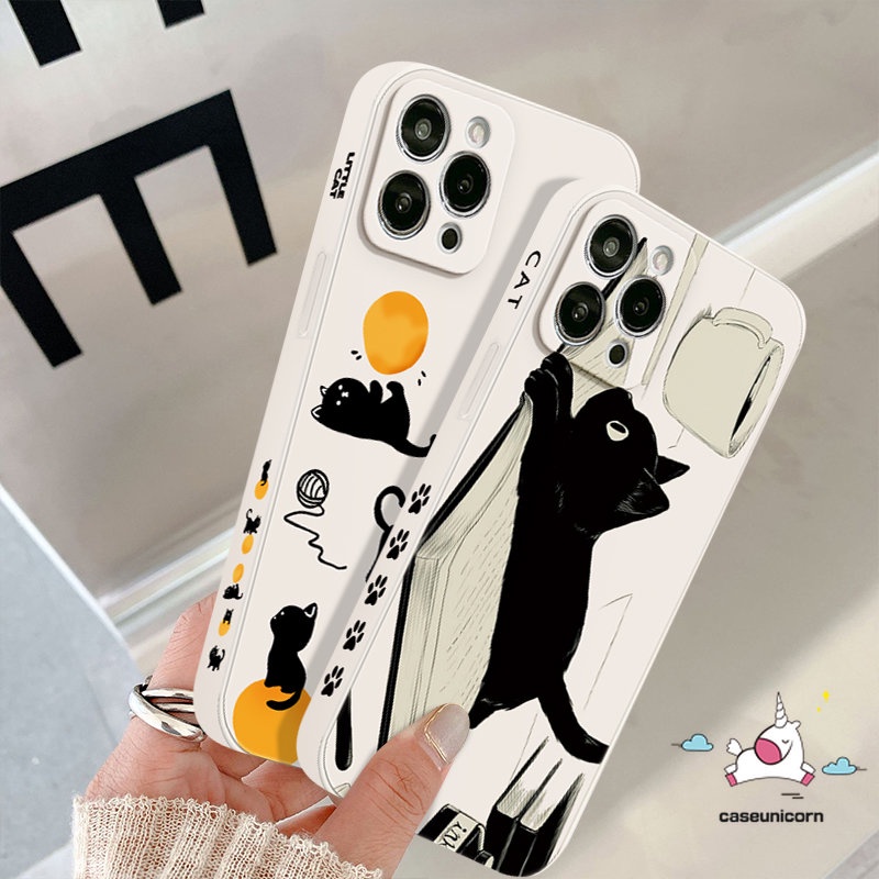 Kartun Kucing Lucu Tali Bermain Casing Ponsel Kompatibel Untuk iPhone 7Plus XR 11 13 12 14 11 Pro Max 6 7 8 6S Plus X XS Max SE 2020 Tepi Lurus Motif Sisi Lucu Tpu Soft Cover