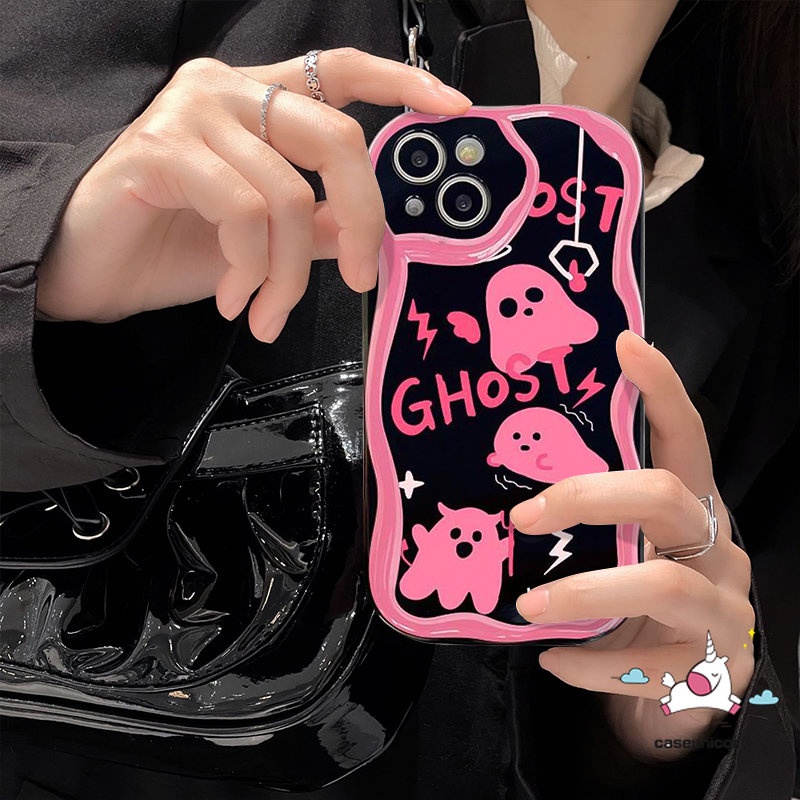 Casing Tpu Soft Phone Tepi Melengkung Bergelombang Kompatibel Untuk IPhone XR X7 8 6s 6 Plus 13 11 12 14 Pro Max XS Max SE 2020 3D Lucu Soul Ghost Glossy Pink Shockproof Cover