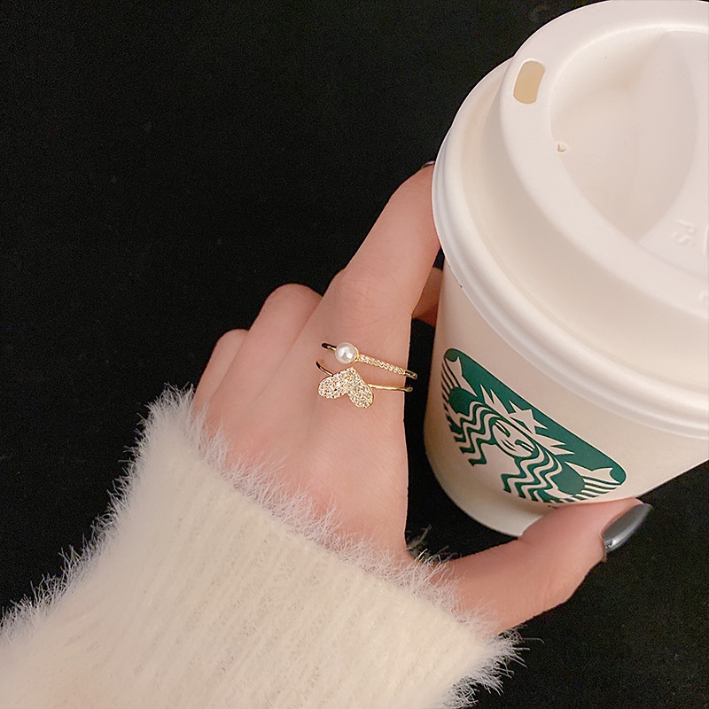 XiaoboACC Korea Fashion Zirkon Pesona Cincin Emas Untuk Wanita Pesta Mutiara Jari Telunjuk Cincin Terbuka
