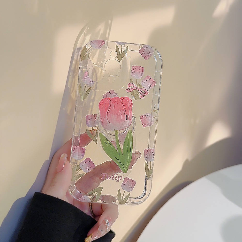IPHONE Lukisan Cat Minyak Tulip Merah Muda Transparan TPU Perlindungan Penuh Casing Ponsel Cover Dengan Tempat Bunga Untuk Iphone11 12 13 14 PLUS PRO MAX