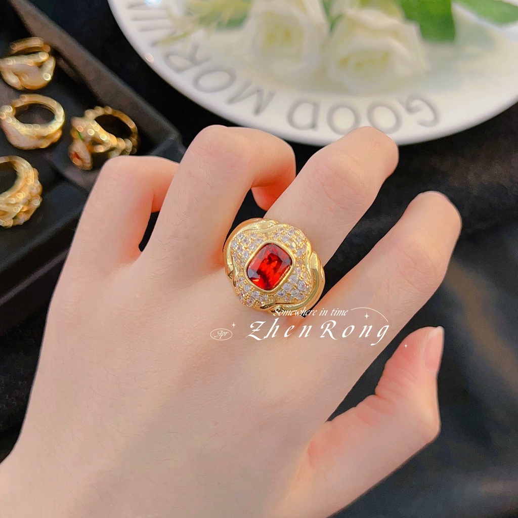 Goldkingdom Aksesoris Perhiasan Fashion Ready Stock Vintage Cincin Kaca French Vintage Berlapis Emas Micro Set Dengan Berlian Penuh Antik Colorful Treasure Ring