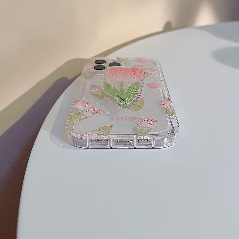 IPHONE Ins Pink Oil Tulips Silicone Case Dengan Tempat Tulip Untuk Iphone14 11 12 13 PRO MAX Casing Cover Pelindung AT0154