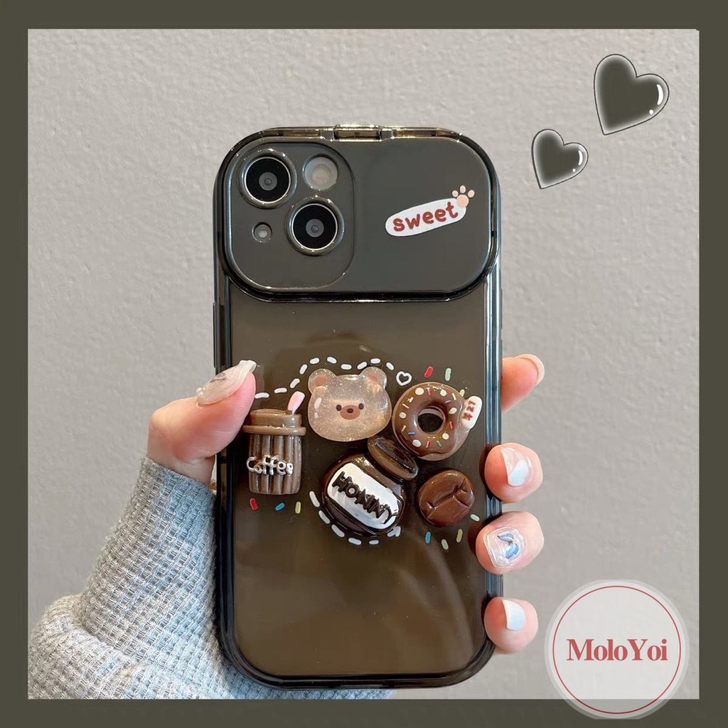 Boneka 3D Lucu Kopi Susu Teh Beruang Case Kompatibel Untuk IPhone 7Plus XR 11 14 13 12 Pro Max7 8 14 Plus X XS MAX SE 2020 Kreatif Flip Make Up Cermin Shockproof Lembut TPU Phone Cover