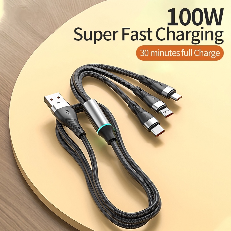 Kabel Charger 100W Super Cepat 6A Kabel Charger 3in1 Micro Usb/Type-C/Untuk Kabel IP