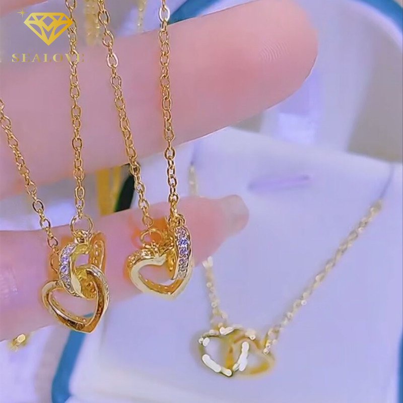 Hati Berlian Mewah Kalung Titanium Wanita Anti Karat Emas 18K Perhiasan Wanita Fashion Korea