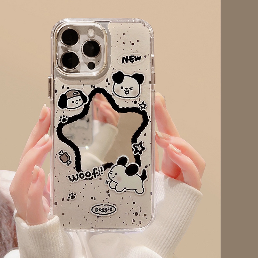 IPHONE Lucu Hitam Dan Putih Manga Anjing Kartun Make Up Cermin Silicone Case Untuk Iphone14 11 12 13 PRO MAX Casing Cover Pelindung AT0200