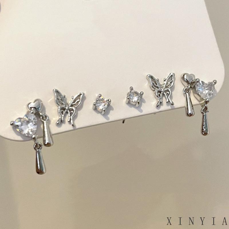 【Bayar di tempat】6pcs/set Liquid Butterfly Earring Set Fashion Kristal Hati Perak Stud Earrings Untuk Aksesoris Perhiasan Wanita