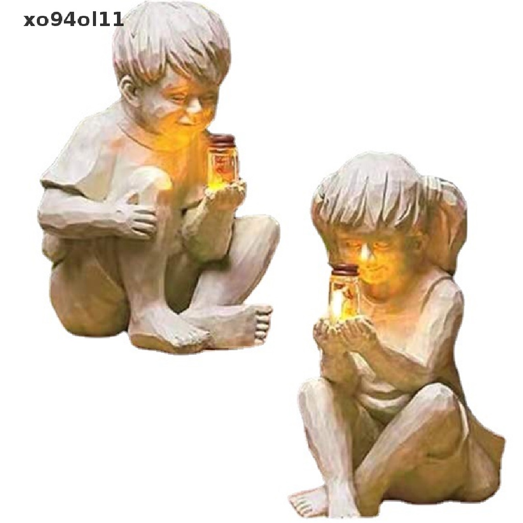 Patung XO A Kid Dengan Kunangkunang Tenaga Surya Patung Taman Bahan Resin Alas Bunga Decor OL