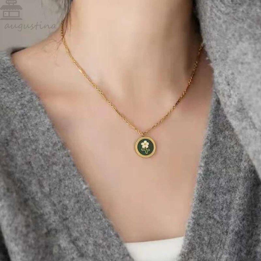 Augustina Wanita Kalung Pesona Vintage Enamel Daisy Lapis Emas Titanium Steel Gadis Aksesori