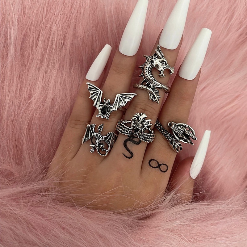 Baru Vintage Hip Hop Punk Naga Ular Kupu-Kupu Kelelawar Tengkorak Retro Knuckle Joint Rings Untuk Pria Gothic Jari Cincin Set Perhiasan