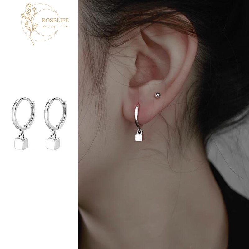 Roselife Unisex Streetwear S925 Perak Kubus Kecil Pesona Anting Hoop Untuk Pria Wanita Gaya Lingkaran Bulat Anting-Anting Sederhana Fashion Telinga Perhiasan Aksesoris