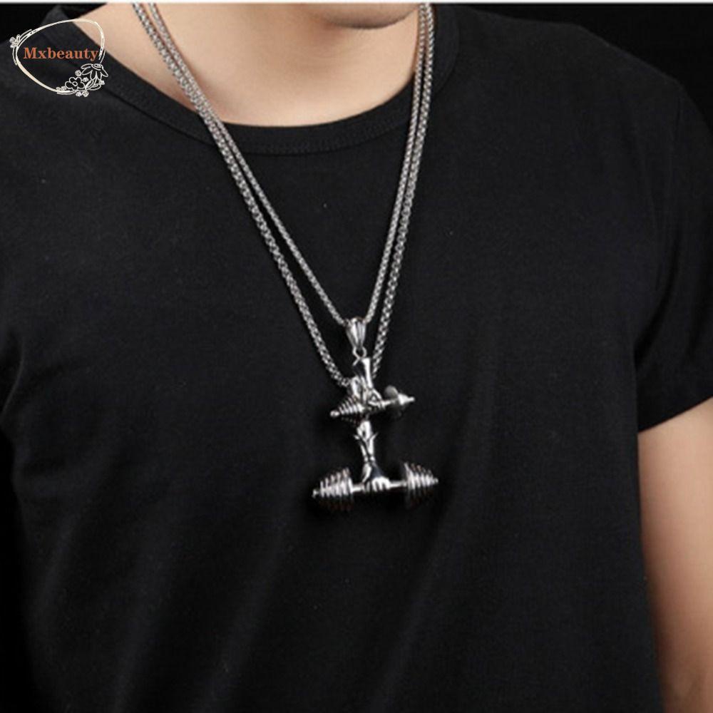 Mxbeauty Perhiasan Pria Silvery Golden Male Aksesori Gaya Jalanan Baja Titanium Vintage Hip Hop Dumbbell Pendant