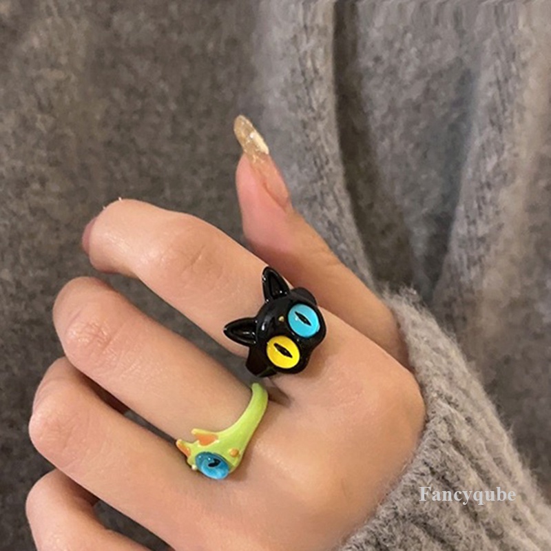 Cincin Monster Hijau Lucu Baru Wanita Fashion Manis Dua Warna Mata Kucing Terbuka Pasangan Cincin Pernikahan Jari Aksesoris Perhiasan