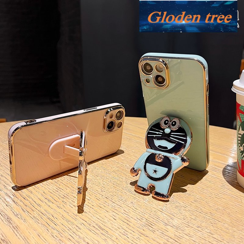 Gloden tree Casing Untuk vivo V23 4G V23 5G S12 5G Case Fashion Kartun Doraemon Lipat Stand Phone Case Electroplating Shockproof Phone Holder Case