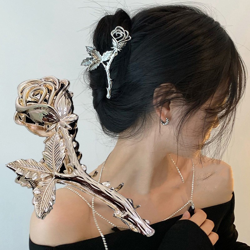 Woman Large Metal Rose Floral Leaf Hair Claw/Ladies Vintage Ponytail Hiu Klip/Aksesoris Rambut Fashion