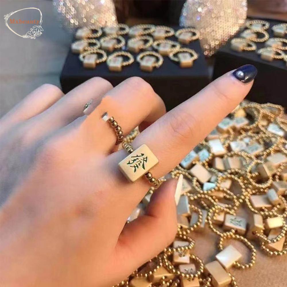 Mxbeauty Mahjong Cincin Aksesoris Vintage Kreatif Transfer Manik-Manik Beruntung Hip Hop Fashion Perhiasan