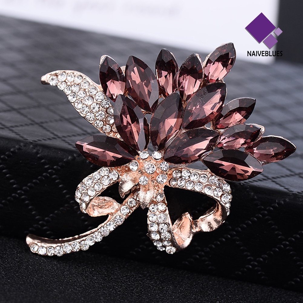 &lt; Naiveblues &gt; Elegan Marquise Cut Shiny Rhinestone Buket Bunga Wanita Bros Pin