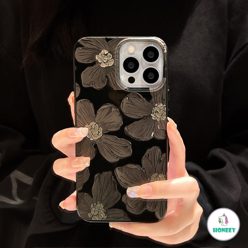 IPHONE Retro Fossil Keren Hitam Lukisan Minyak Bunga Telepon Case Kompatibel Untuk Iphone14 13 11 12 Pro Max 12 Pro Case Lucu Soft Cover