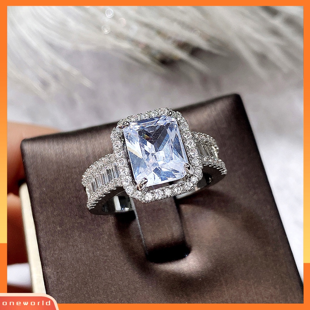 [EONE] Pernikahan Band Bersinar Persegi Berlian Imitasi Hypoallergenic Geometris Gaya Barat Hias Aksesori Bertatahkan Zirkon Lebar Band Cincin Wanita Perhiasan