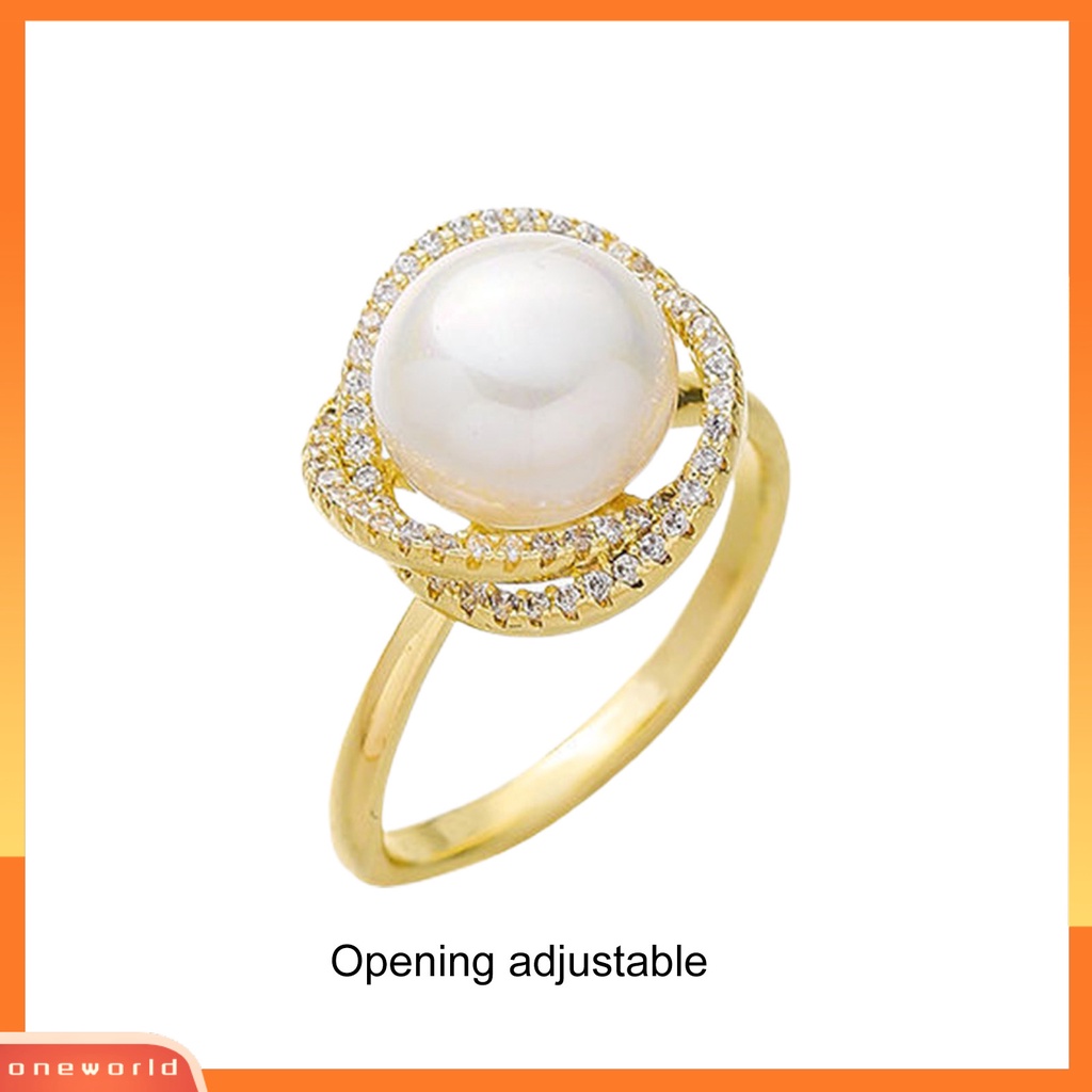 [EONE] Wanita Cincin Menyilang Bling Berlian Imitasi Elegan Terbuka Adjustable High Gloss Faux Pearl Finger Ring Perhiasan Aksesoris