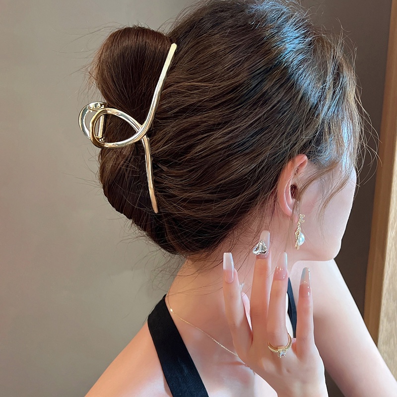 Roselife Chic Emas Logam Besar Rambut Cakar Klip Untuk Wanita Perempuan Trendi Besar Geometris Rambut Klem Ponytail Holder Polos Jepit Rambut Korea Fashion Aksesoris Rambut