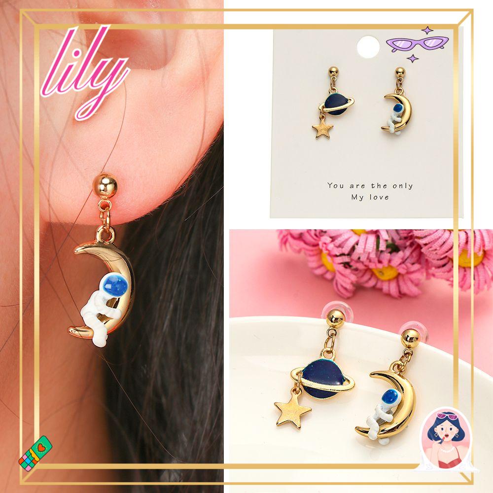 Lily Astronot Stud Earrings Asimetris Wanita Perhiasan Planet Bintang Stud Menjuntai Earrings