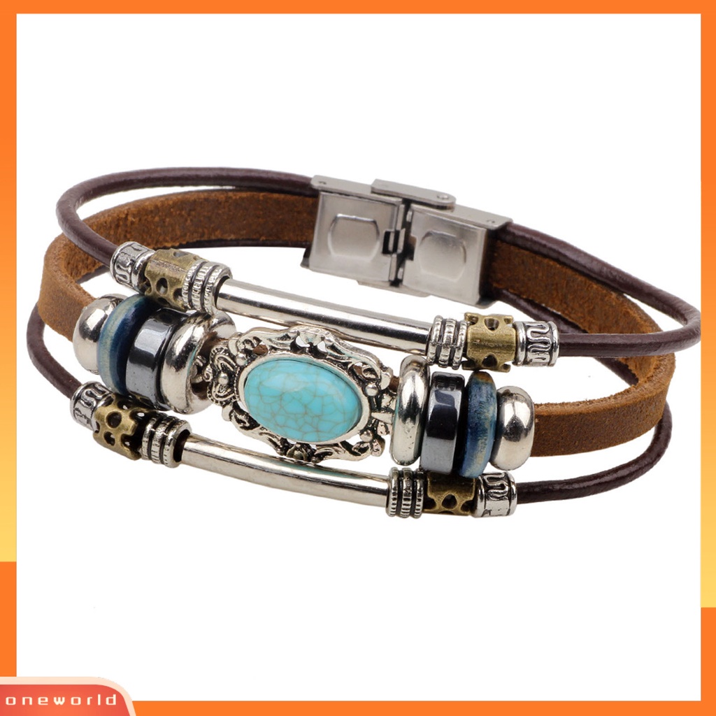 [EONE] Gelang Unisex Manik-Manik Perhiasan Imitasi Turquoise Gelang Rantai Tali Vintage Untuk Pakaian Sehari-Hari