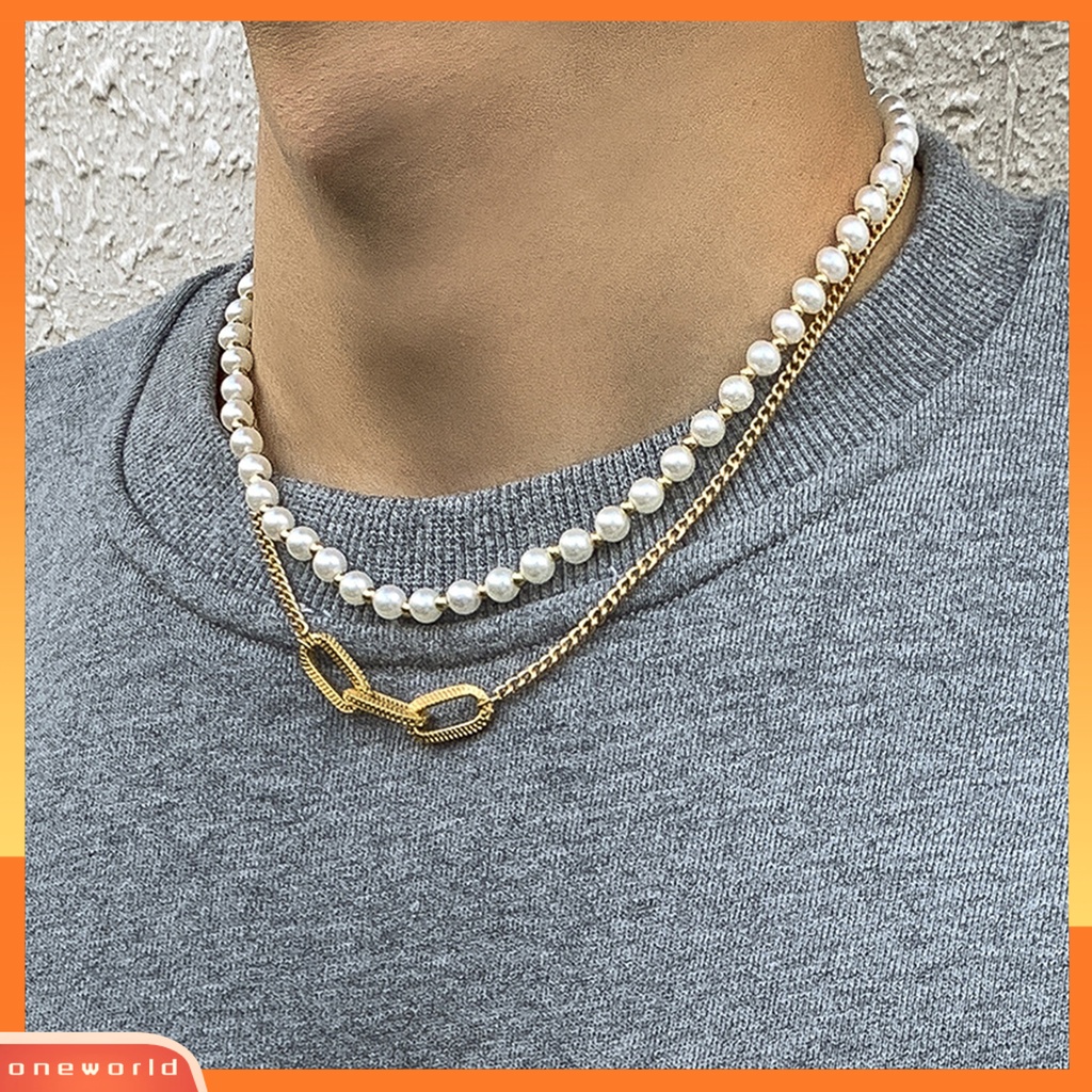 [EONE] Pria Kalung Hias All-match Double-Layered Geometris Mutiara Imitasi Choker Necklace Untuk Pakaian Sehari-Hari