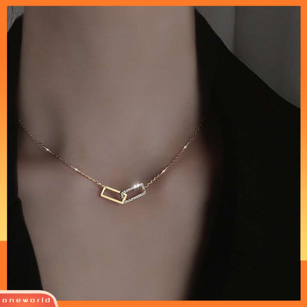 [EONE] Wanita Kalung Geometris Berlian Imitasi Mengkilap Hias Adjustable Extension Rantai Hias Hadiah Double Square Interlock Liontin Klavikula Rantai Perhiasan Untuk Pacaran