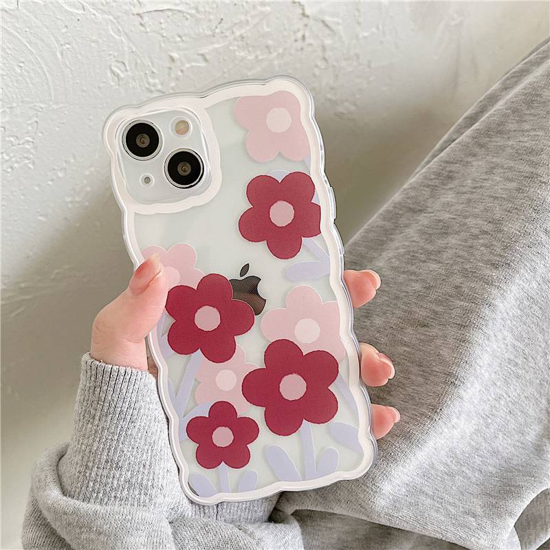 【INS Wave】Red Pink Flower Soft TPU Case HP iP iPhone 11 12 13 14 Pro Max 7 8 + Plus SE 2020 X XS XR Max Girl Woman Clear FTD Casing Apple