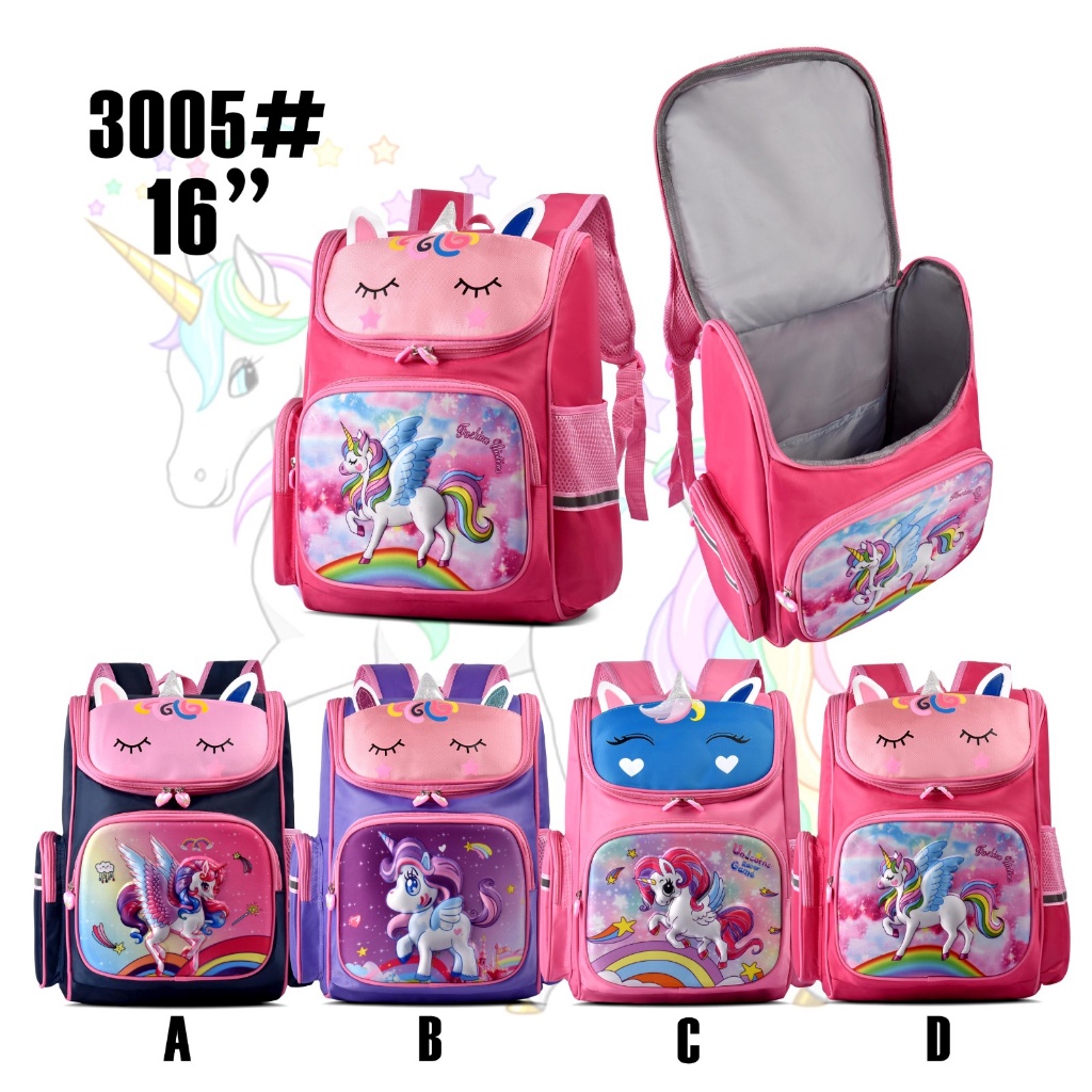 (RF) Tas Ransel Anak Unicorn 3D Cartoon 3005 16 Inch SD Tas Sekolah Timbul Double Decker Import Ransel Perempuan Tas Anak Cewek